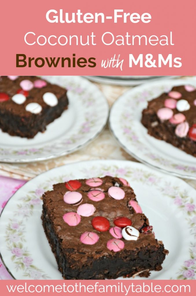 Looking for a great gluten-free treat? Try these gluten-free coconut oatmeal brownies with M&Ms!