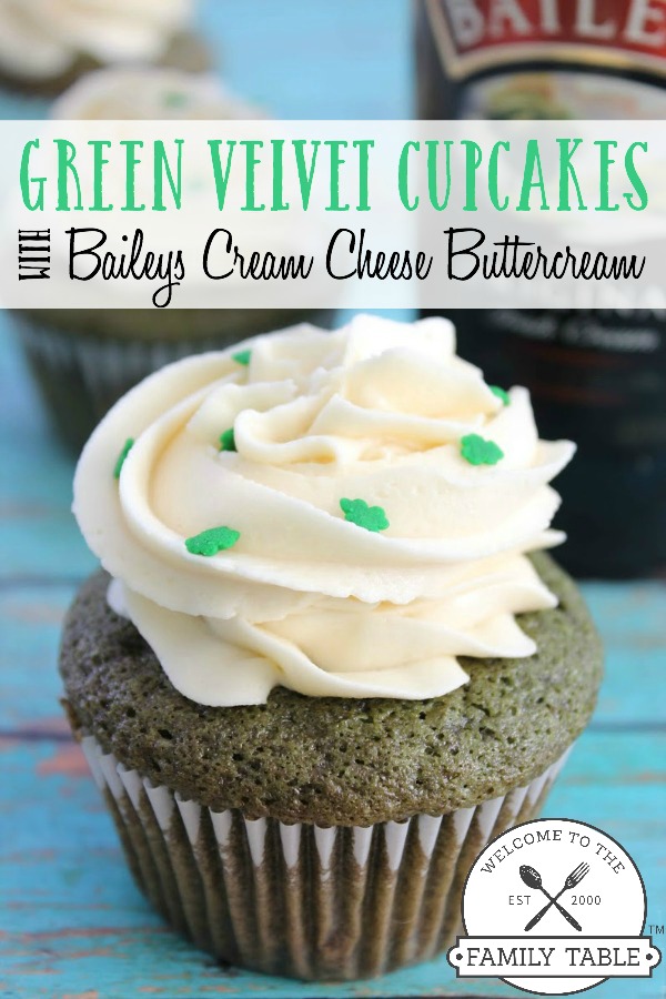 Green Velvet Cupcakes with Baileys Cream Cheese Buttercream