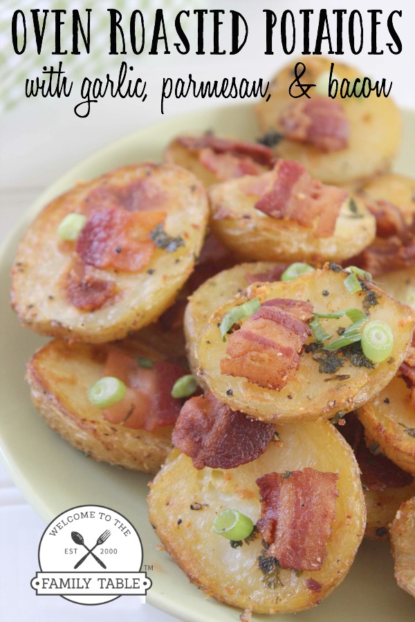 Make these oven roasted potatoes with garlic and parmesan and bacon for your next gathering! :: welcometothefamilytable.com